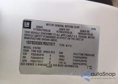 2007 Cadillac Escalade Standard из США, поврежденный, VIN 1GYEC638X7R327877